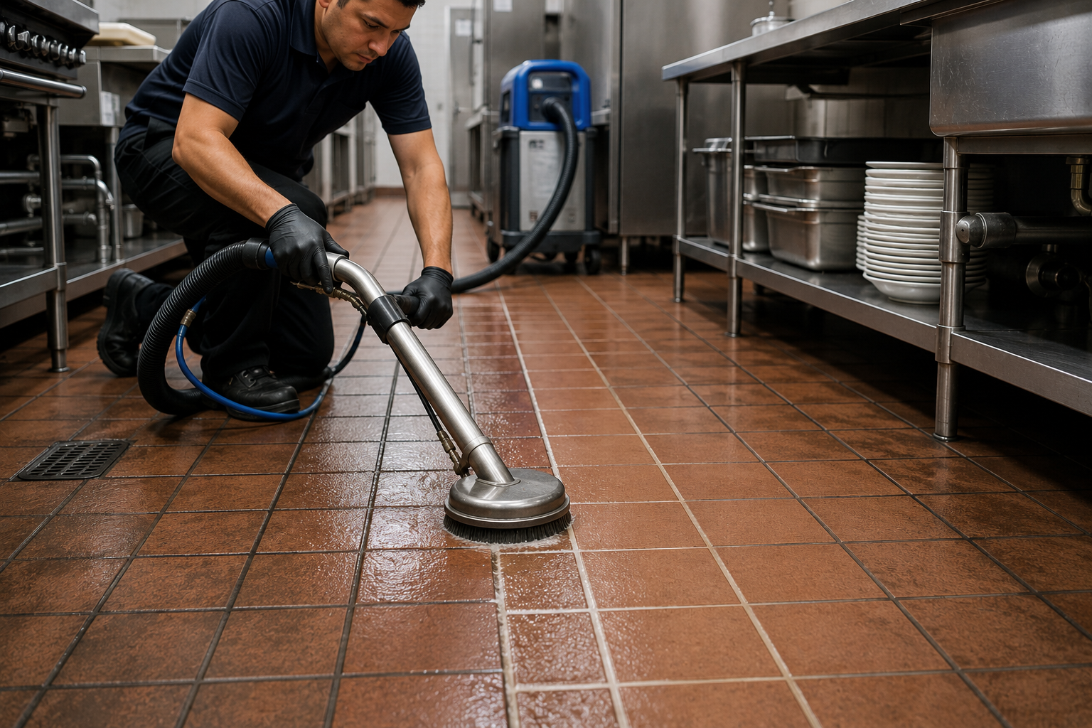 image showing a technician using professional equipment to deep-clean grout lines in a commercial kitchen