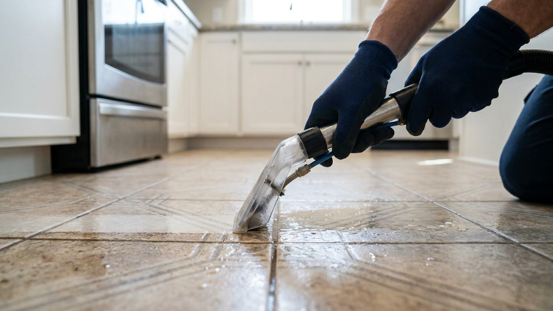 Close-up shot of a technician using professional-grade equipment to deep clean grout lines on a San Diego kitchen floor
