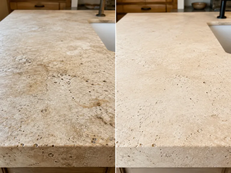 Close-up before-and-after comparison of stained travertine countertop restored to a clean, honed finish