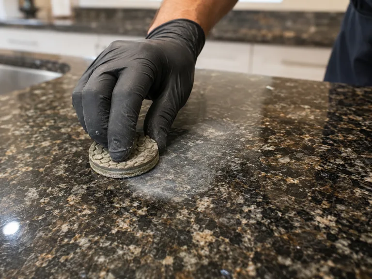 Close-up of a technician using a diamond hand pad to polish an etched section of granite countertop