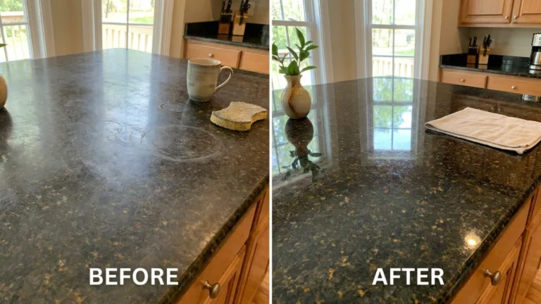 Before-and-after photo showing a dull, etched granite countertop restored to a glossy, polished finish