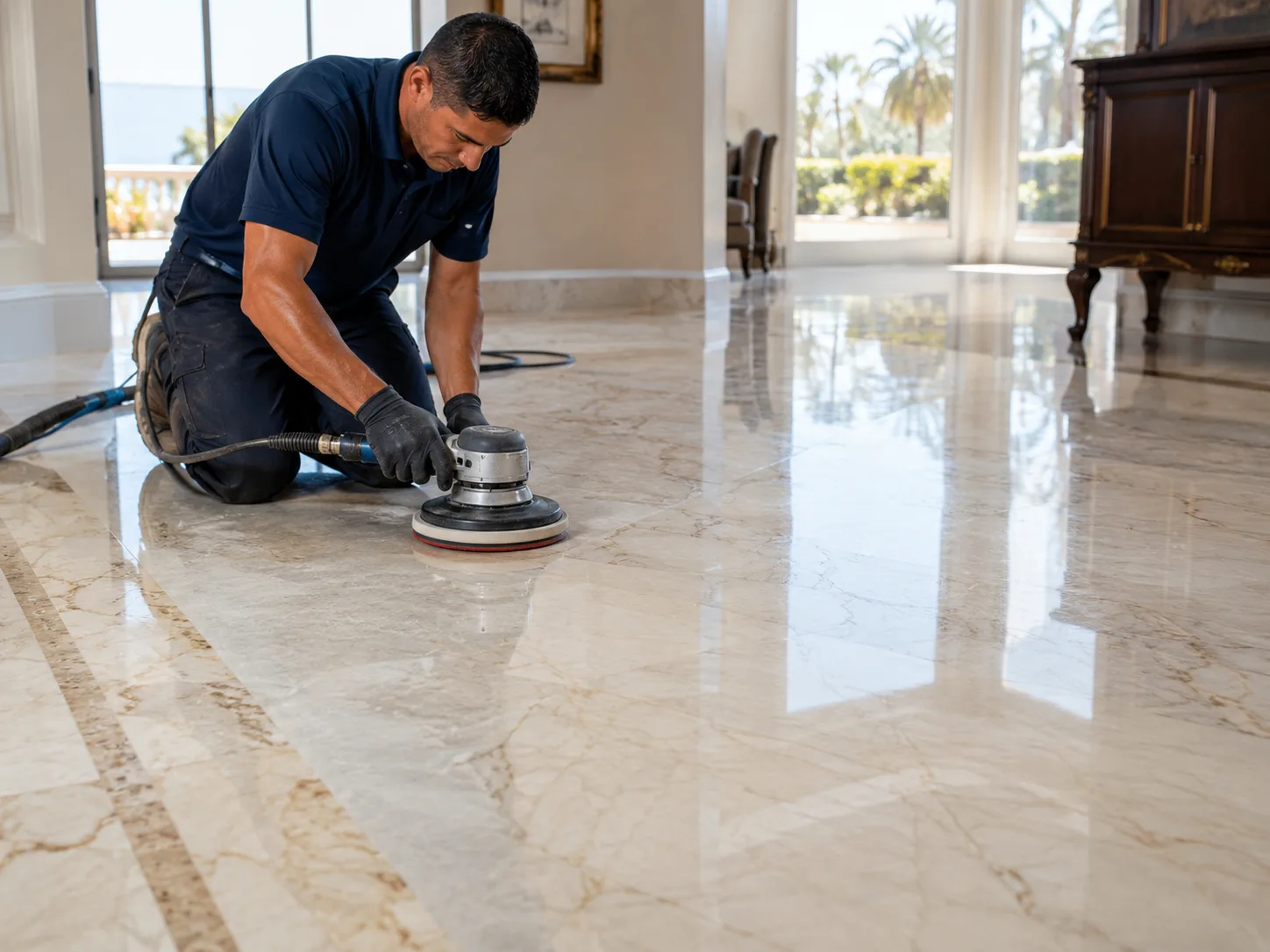 image showing a technician polishing a glossy marble floor with a diamond polishing pad
