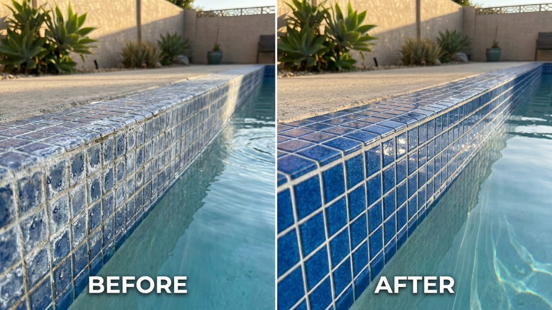 Before-and-after photo showing a pool waterline tile covered in calcium scale on one side and a fully restored, glossy clean tile line on the other