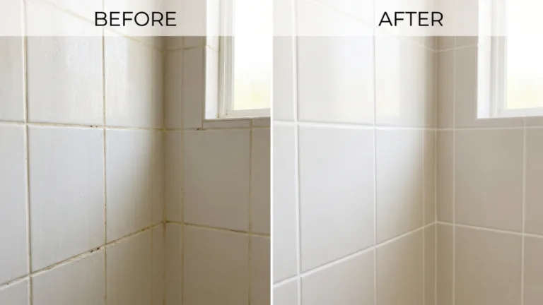 Before-and-after split image of a San Diego shower — cracked, discolored grout on one side and freshly regrouted white grout lines on the other
