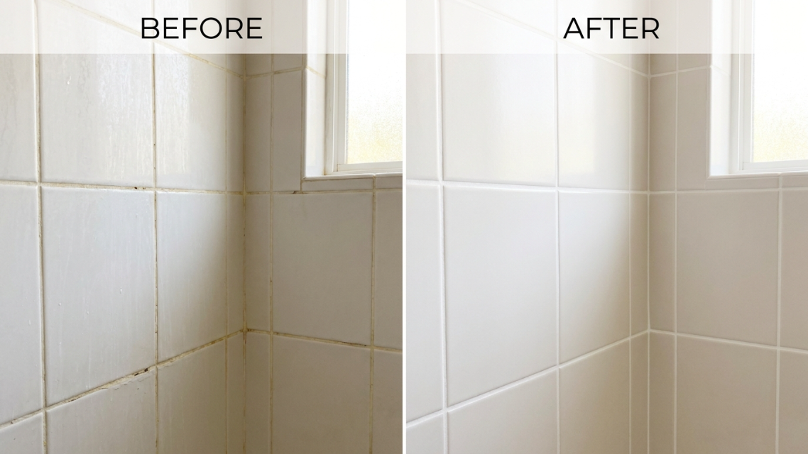 Before-and-after split image of a San Diego shower — cracked, discolored grout on one side and freshly regrouted white grout lines on the other
