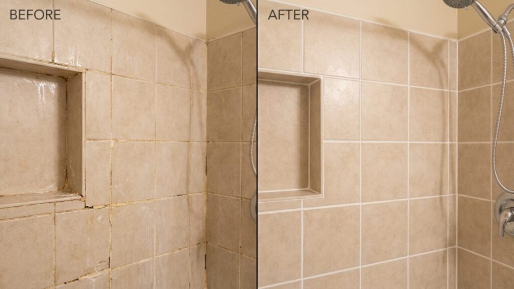 Shower wall tile before and after regrouting, showing failed stained grout replaced with clean uniform lines