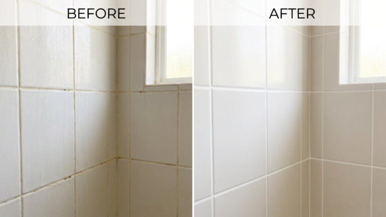 Shower wall shown with discoloured grout on one side and clean, uniform grout lines on the other