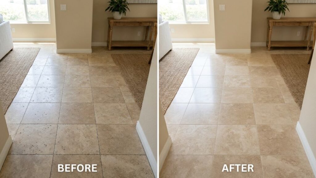 Travertine floor shown dull and stained on one side and clean with an even honed finish on the other