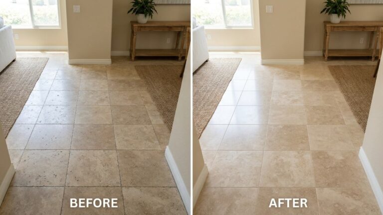 Travertine floor shown dull and stained on one side and clean with an even honed finish on the other